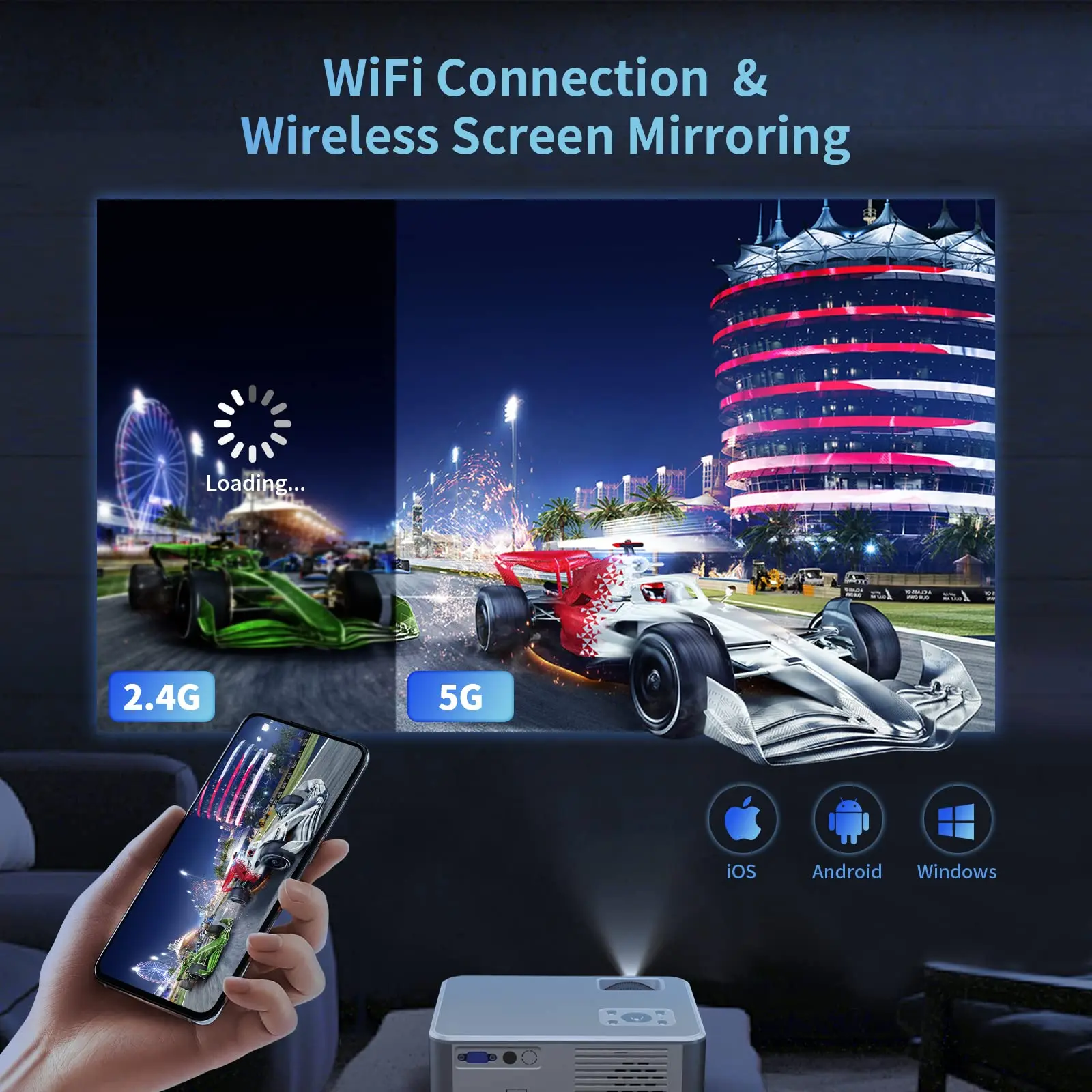 DATASHOW PROJECTEUR GLISOGO C9 WIFI 5G BLUETOOTH 13000LUX 375ANSI ADJUSTABLE 300 POUCE GRAY FULL HD